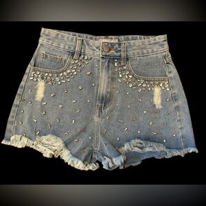 RHINESTONE FRAYED SHORTS IN DENIM, size small